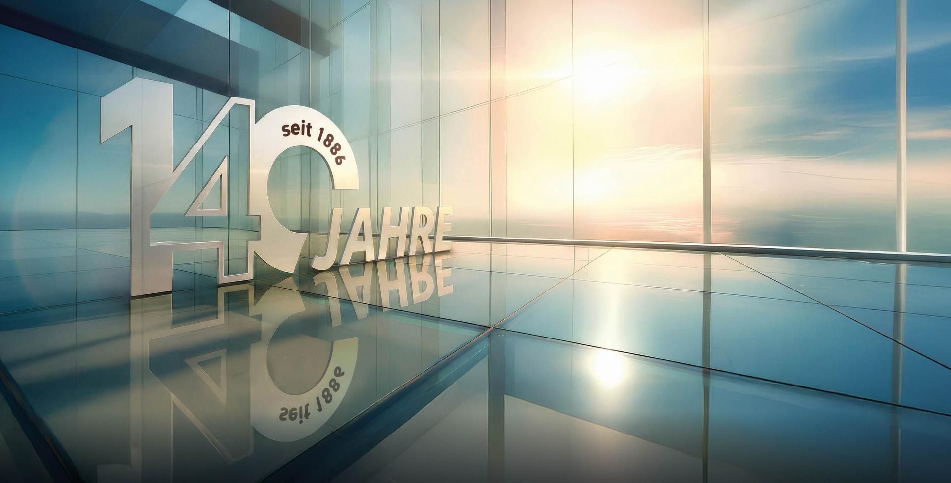 Signet für 140 Jahre BAUMANN GLAS in einem gläsernen Raum mit Sonneneinstrahlung